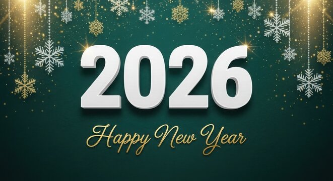 Happy new year 2026 with festive snowflakes and golden lights