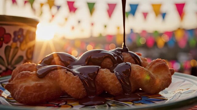 A plate of golden churros sits under a drizzling of rich chocolate sauce at sunset. The churros and chocolate create a delightful scene amidst colorful festive decorations.