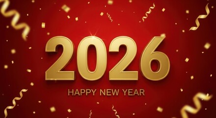 Golden 2026 happy new year text with falling confetti and streamers on red background