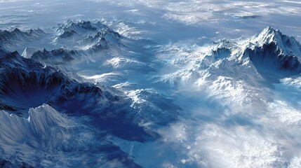 Aerial view of vast dramatic mountain range covered in snow and ice extending into hazy blue atmosphere