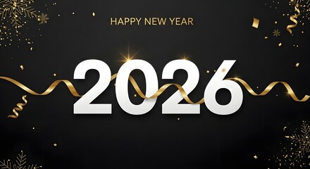 Happy new year 2026 greeting with gold confetti and ribbons on dark background