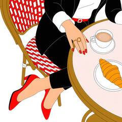 Chic cafe morning with croissant and coffee isolated on transparent background