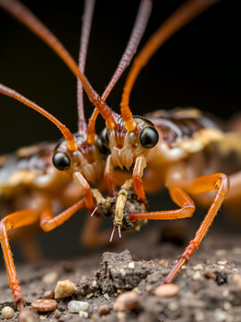 Closeup of Earwigs Feeding: Omnivorous Arthropod with Distinct Antennae and Compound Eyes in Action