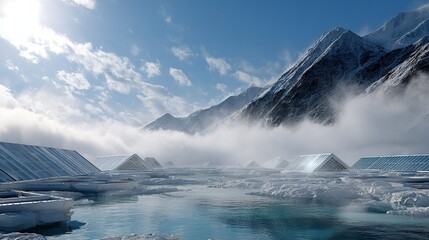 Structures with glass roofs emerge from icy terrain near towering snow covered mountains under bright partly cloudy blue sky