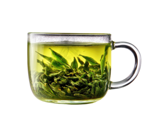 A transparent glass teacup filled with steaming green tea leaves