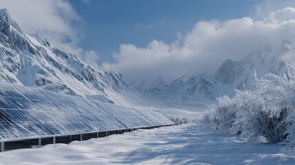 Rows of photovoltaic solar panels installed in vast snow covered mountain valley under partly cloudy blue sky