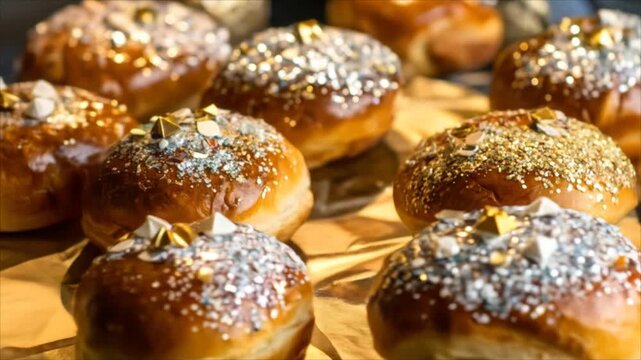 Close up of baked food items with decorative toppings in warm lighting copy space