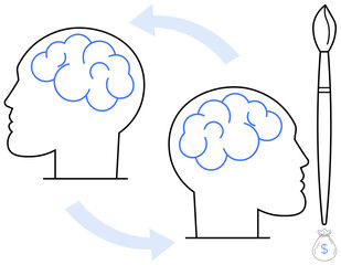 Two human heads with brains connected by arrows indicating idea flow. Paintbrush suggests creativity and innovation. Ideal for creativity, innovation, brainstorming, communication, business
