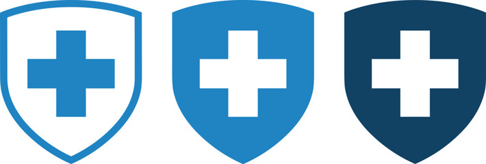 Obraz premium Set of blue shield vector icons with white medical crosses, symbolizing health protection, security, insurance, medical safety, and healthcare assurance.