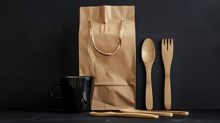 Thoughtful dining package featuring a versatile brown paper bag, a sleek black mug, and an array of sustainable wooden cutlery