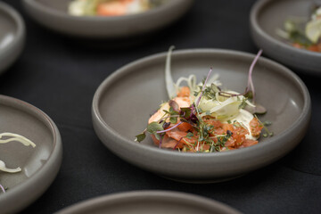 A close-up view of meticulously prepared individual portions of salmon tartare, garnished with vibrant microgreens, served in chic ceramic bowls.