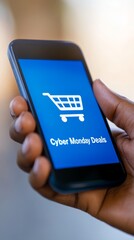 A hand holds a smartphone displaying Cyber Monday deals, highlighting the excitement of online shopping on a sale day