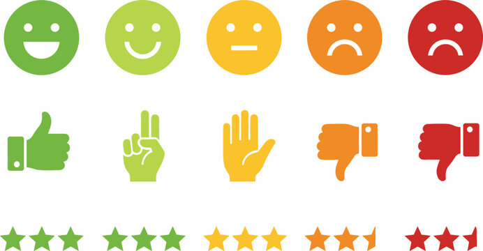 Vector rating system set with colorful emojis, thumbs-up gestures, and star icons, symbolizing customer feedback, service quality, and satisfaction survey.