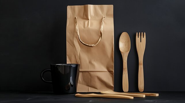 Thoughtful dining package featuring a versatile brown paper bag, a sleek black mug, and an array of sustainable wooden cutlery