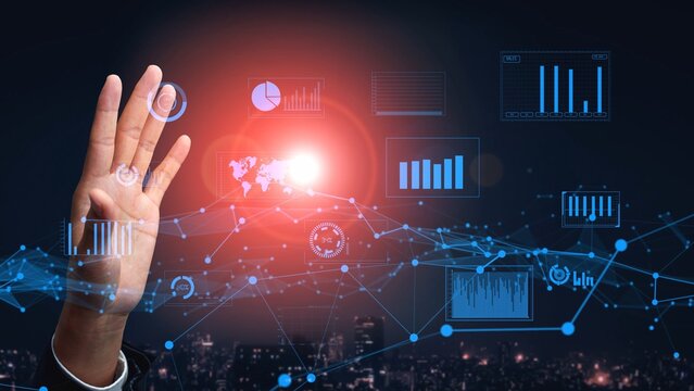 A hand interacts with floating graphs and charts in a digital space, symbolizing data analysis, technological progress, and global connectivity for businesses. Xenic - Powered by Adobe