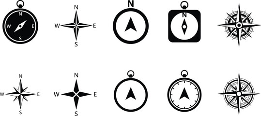 Vector set of various compass icons and wind roses in black silhouette, symbolizing navigation, direction, travel, exploration, and guidance.