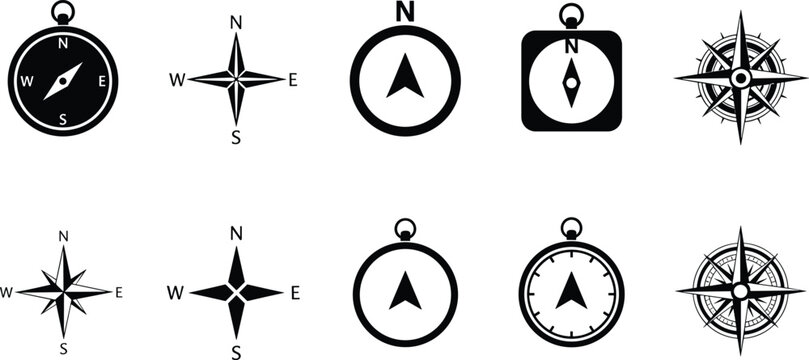 Vector set of various compass icons and wind roses in black silhouette, symbolizing navigation, direction, travel, exploration, and guidance.
