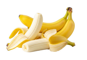 A bunch of ripe yellow bananas, some peeled and ready to eat, isolated on transparent background, offering a healthy and delicious snack option for any time of day