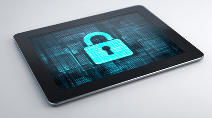 Mobile device security concept with a digital padlock icon displayed on a tablet over binary data, representing encrypted communication, data privacy and secure online access for modern users
