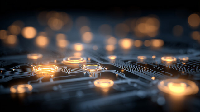 Circuit board with luminous contact rings illustrating energy flow, data routing and advanced digital connectivity.