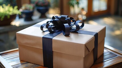 Thoughtfully presented kraft paper gift box adorned with a sleek black ribbon, creating a refined aesthetic for any special moment