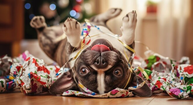 Funny french bulldog puppy dog lies on its back with sticking out tongue after Christmas gift unwrapping. Holiday pet concept for New Year card and calendar.