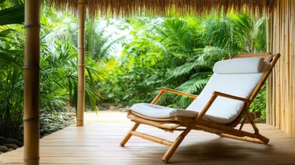 Bamboo Beach Chair on Porch Overlooking Tropical Forest, Relaxation, Vacation