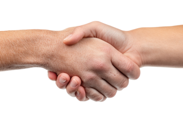Two hands clasped in a handshake.  Close-up view of the clasped hands, showing skin texture.  Neutral tones