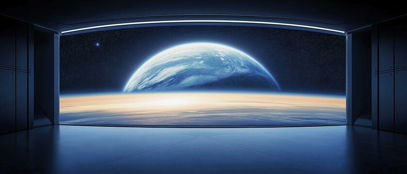 A large curved screen on the wall of an empty room showing planet Earth in space with blue light and black background illuminated by sunlight