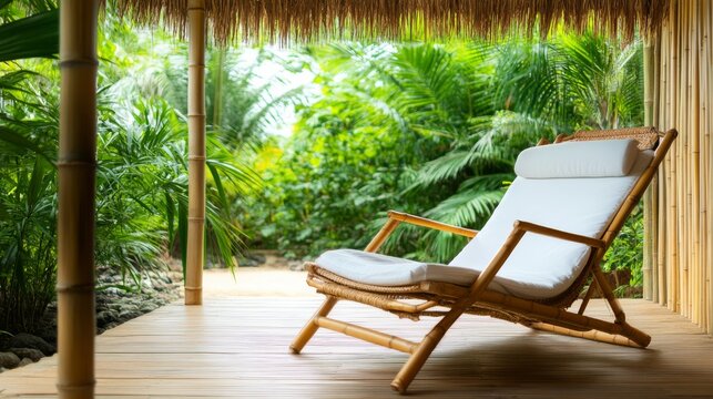 Bamboo Beach Chair on Porch Overlooking Tropical Forest, Relaxation, Vacation - Powered by Adobe