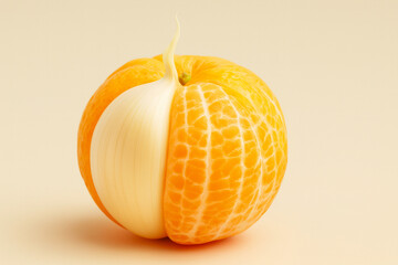 Creative surreal mashup of a peeled orange combined with a garlic clove on a clean beige background. Concept for bold advertising, food branding, marketing campaigns, packaging, posters, design.