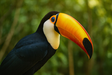Close-up portrait of a tropical toucan with a bright orange beak and green bokeh background. Ideal wildlife image for nature ads, eco branding, educational prints, posters, magazines, website design.