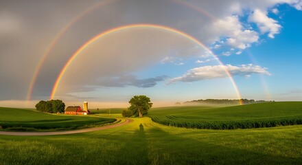 Vibrant double rainbow arches over a lush green farm landscape after a rain shower