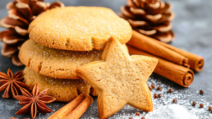 Delicious Cookies Stacked With Star-Shaped Gingerbread and Spices on a Festive Table Setting