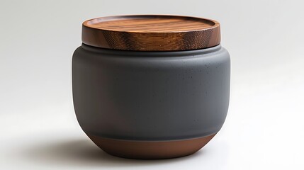 Unique matte dark grey container with a natural terracotta base and a warm wooden lid, enhancing any modern decor