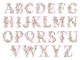 Watercolor pink roses flowers letter set, alphabet for card design, initials, monogram print. © SvetaArt