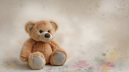 Soft plush teddy bear seated upright watercolor art cozy background