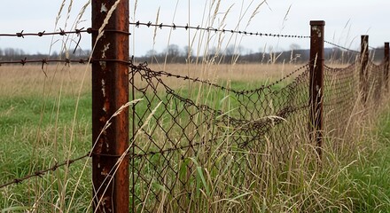 Fototapeta premium Rusty barbed wire fence posts stand guard over a dry grassy field under an overcast sky