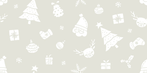 Christmas seamless pattern with cute white Santa Claus, reindeer, Christmas trees, gifts, and festive decorations on a pastel grey background.