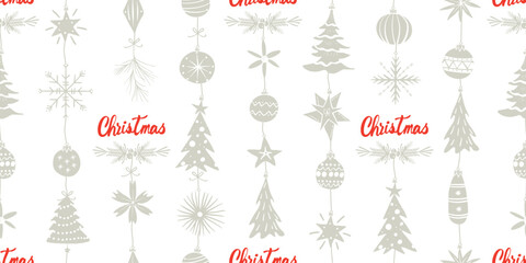 Christmas seamless pattern with cute red and pastel grey hanging ornaments and festive decorations on a white background.