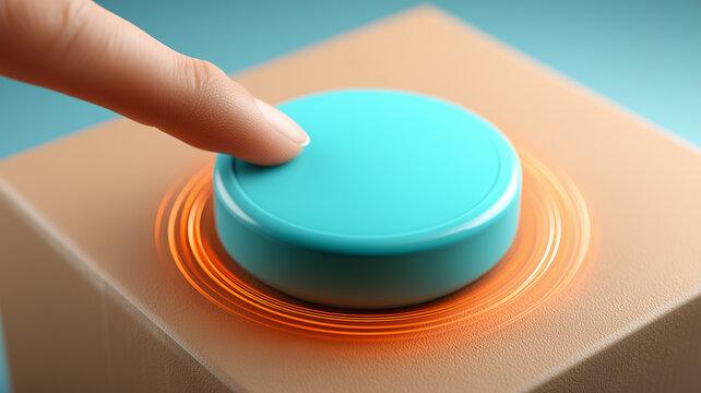 Critical choice and instant activation symbolized by a human finger pressing a large circular button to trigger an important decision or process.
