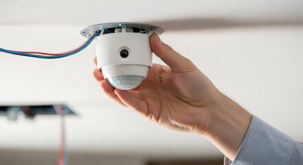 Man installing a white motion sensor security camera with wires on a ceiling. Smart home security system maintenance concept.