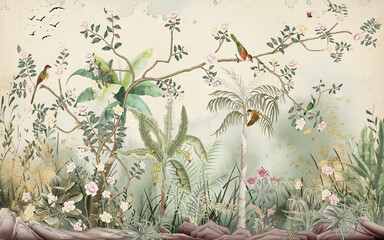 chinoiserie design flowers in the jungle background 
