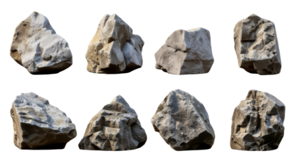 Collection of big rock stones isolated on transparent background. Realistic 3D render.