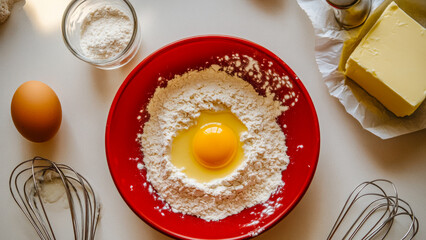 Baking Scene With Egg in Flour on a Red Plate Ready for Mixing Ingredients