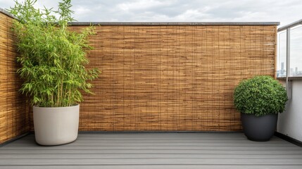 Bamboo Garden Rooftop Oasis with Privacy Screen and Potted Plants, balcony, plants
