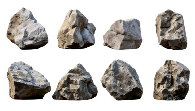 Collection of big rock stones isolated on transparent background. Realistic 3D render.