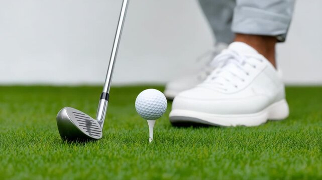 Precise golf swing: closeup of a golfer's feet and club striking ball on lush green grass