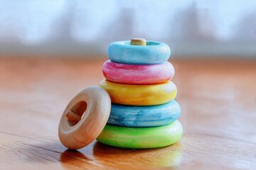 Colorful stackable wooden rings toy home playroom watercolor style