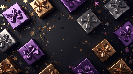 festive celebration frame with purple gold wrapped presents and glitter accents